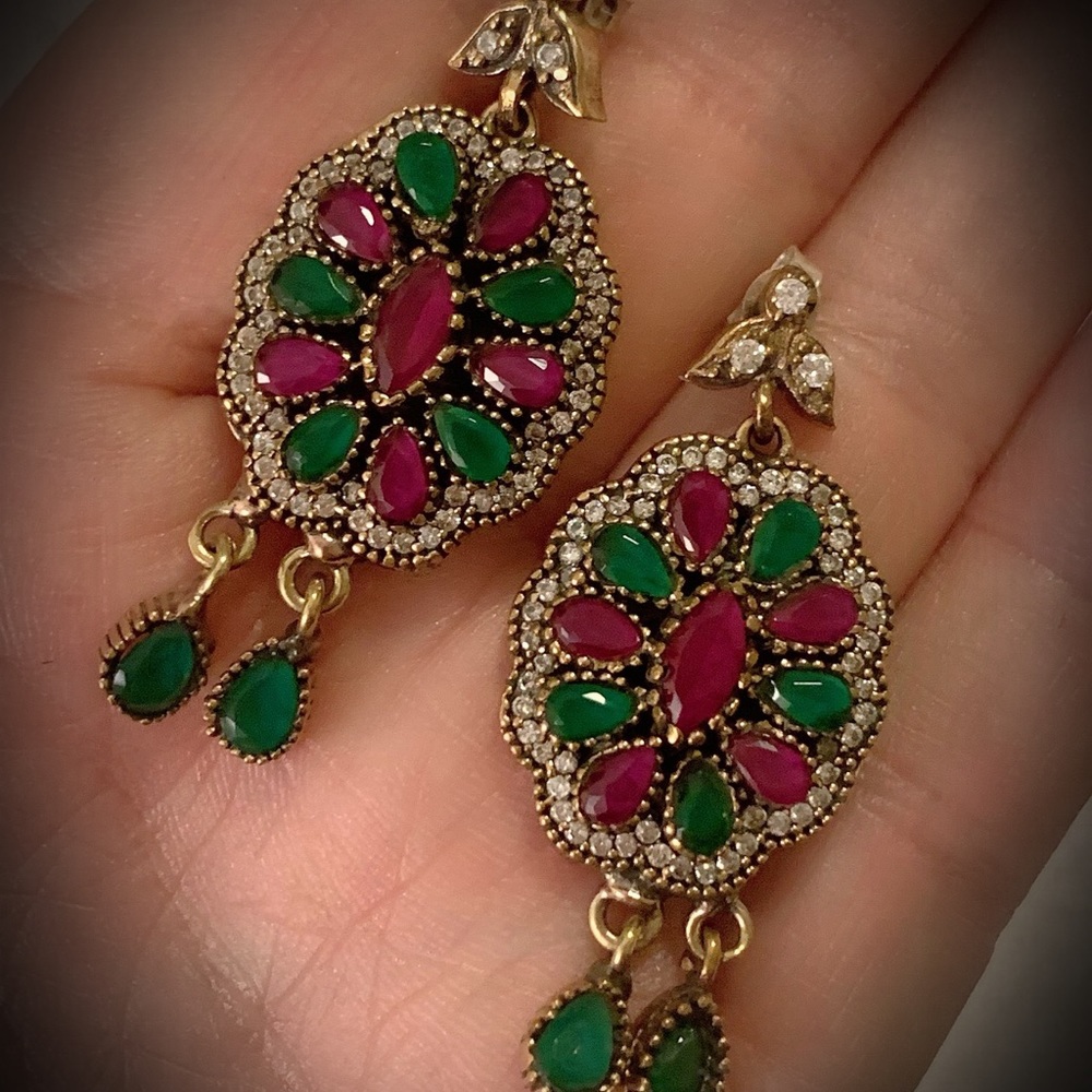 Ruby Emerald Dangle Earrings Solid 925 Silver/Gold - image 4